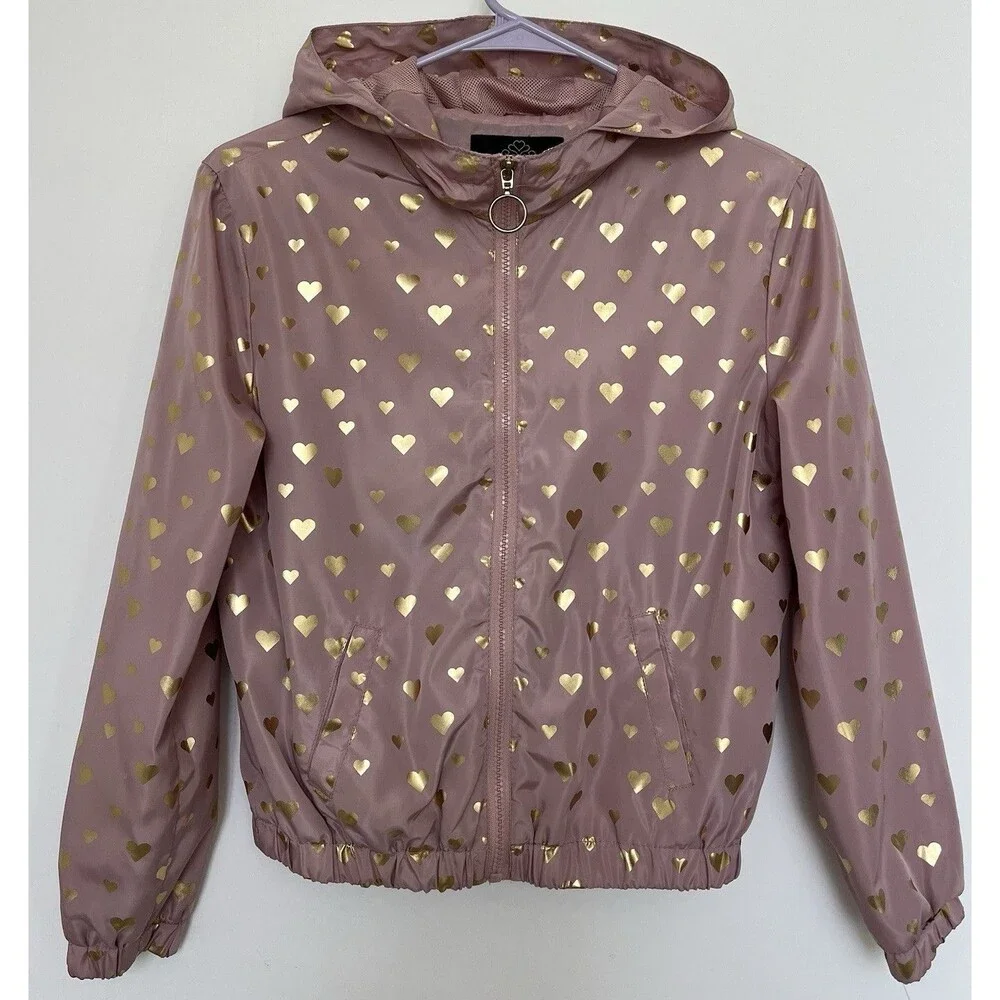 NWOT Louise Paris Kids Girls Pink Gold Heart Hooded Windbreaker Jacket L 14